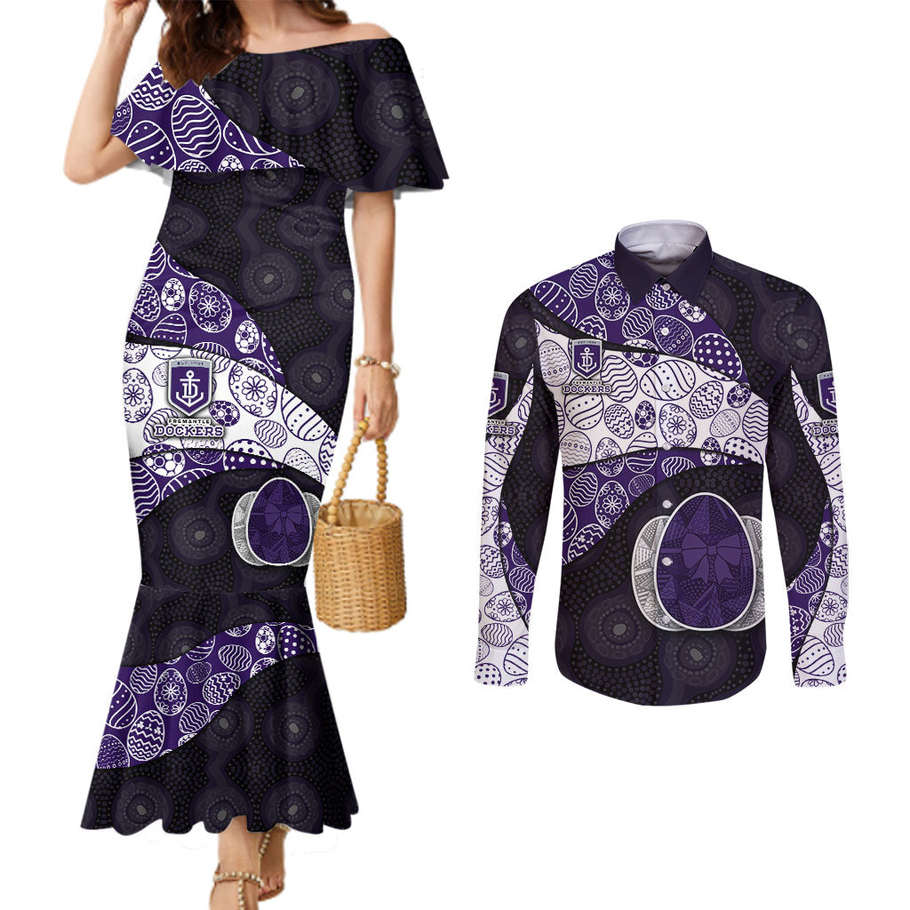 Personalized Fremantle Dockers Football Couples Matching Mermaid Dress and Long Sleeve Button Shirt Easter Egg Pattern Purple Monochrome Tribal Dot Style