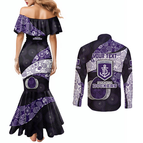 Personalized Fremantle Dockers Football Couples Matching Mermaid Dress and Long Sleeve Button Shirt Easter Egg Pattern Purple Monochrome Tribal Dot Style