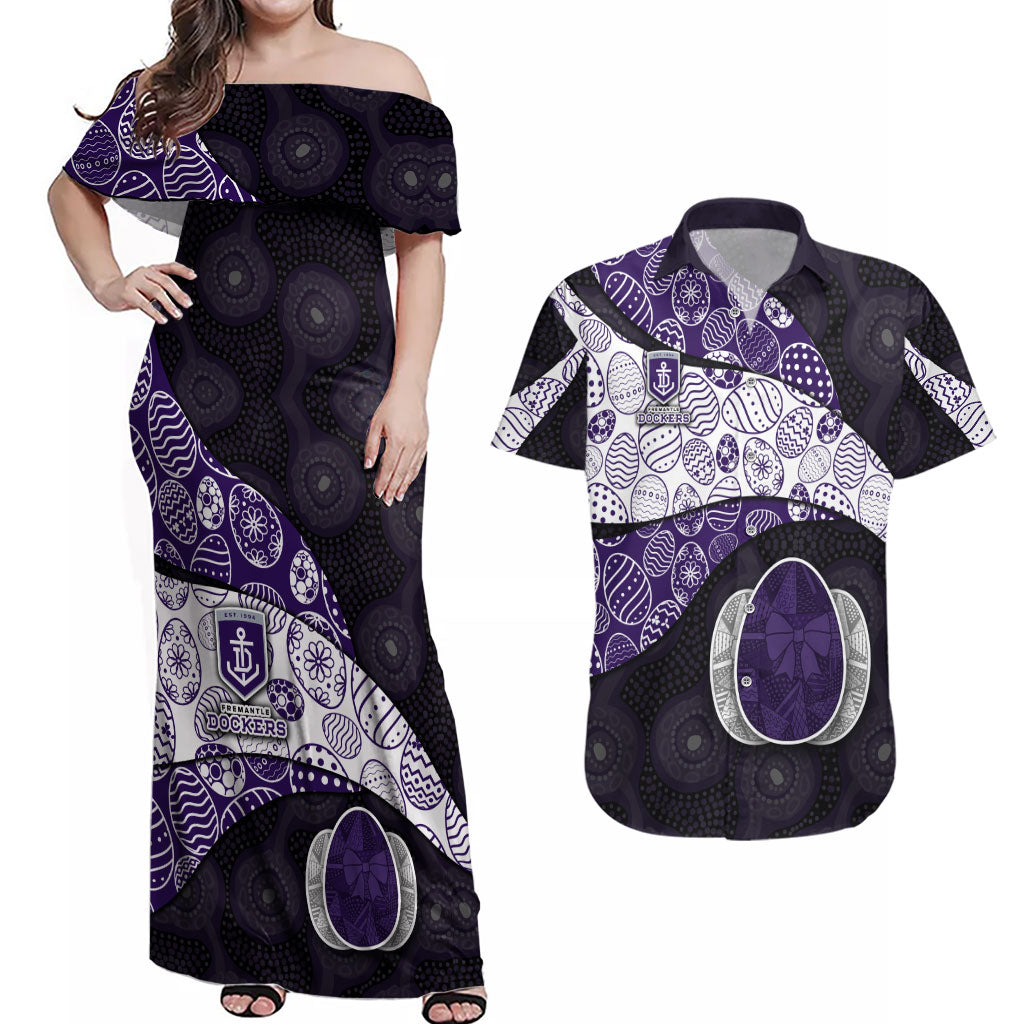 Personalized Fremantle Dockers Football Couples Matching Off Shoulder Maxi Dress and Hawaiian Shirt Easter Egg Pattern Purple Monochrome Tribal Dot Style
