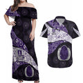 Personalized Fremantle Dockers Football Couples Matching Off Shoulder Maxi Dress and Hawaiian Shirt Easter Egg Pattern Purple Monochrome Tribal Dot Style
