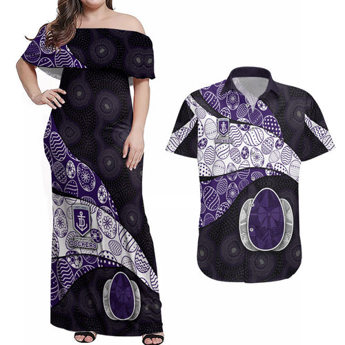 Personalized Fremantle Dockers Football Couples Matching Off Shoulder Maxi Dress and Hawaiian Shirt Easter Egg Pattern Purple Monochrome Tribal Dot Style