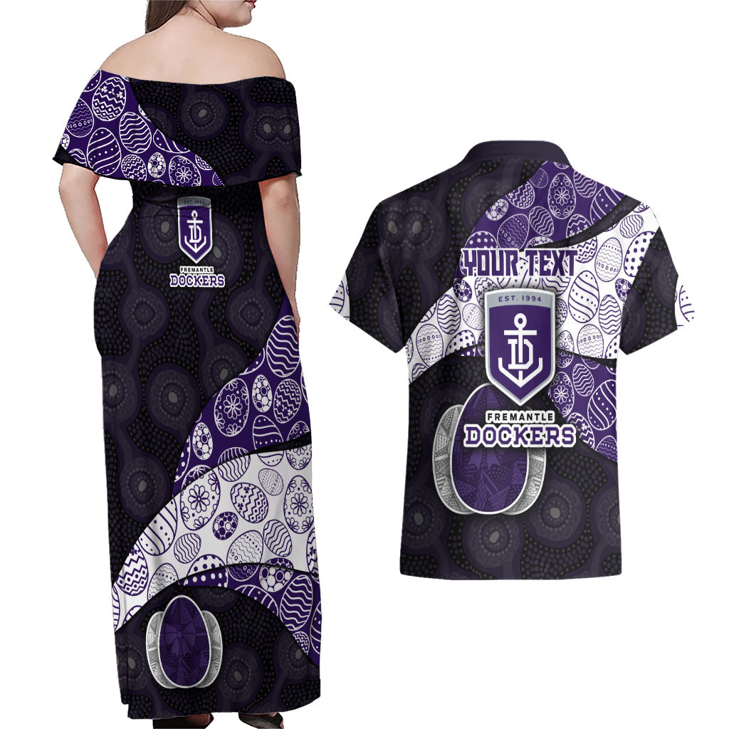 Personalized Fremantle Dockers Football Couples Matching Off Shoulder Maxi Dress and Hawaiian Shirt Easter Egg Pattern Purple Monochrome Tribal Dot Style