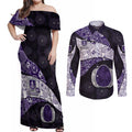 Personalized Fremantle Dockers Football Couples Matching Off Shoulder Maxi Dress and Long Sleeve Button Shirt Easter Egg Pattern Purple Monochrome Tribal Dot Style