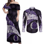 Personalized Fremantle Dockers Football Couples Matching Off Shoulder Maxi Dress and Long Sleeve Button Shirt Easter Egg Pattern Purple Monochrome Tribal Dot Style