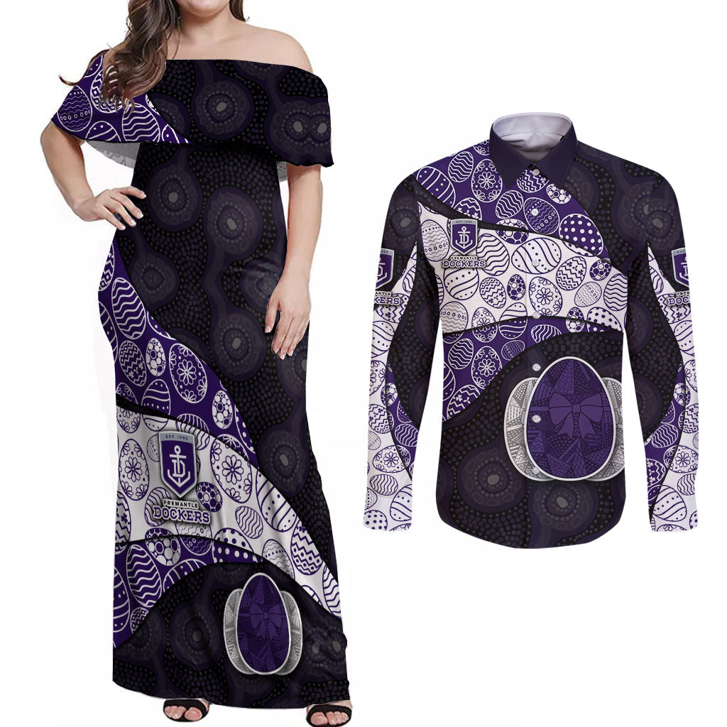 Personalized Fremantle Dockers Football Couples Matching Off Shoulder Maxi Dress and Long Sleeve Button Shirt Easter Egg Pattern Purple Monochrome Tribal Dot Style
