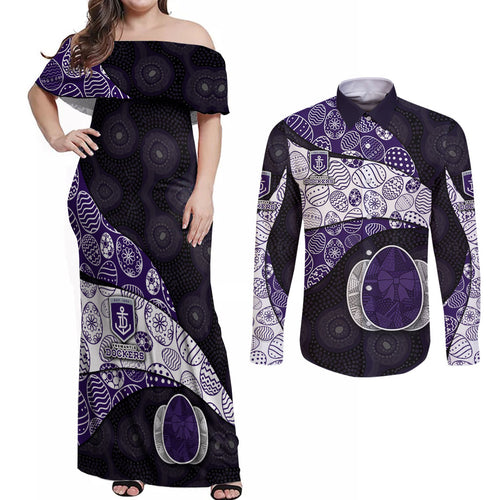 Personalized Fremantle Dockers Football Couples Matching Off Shoulder Maxi Dress and Long Sleeve Button Shirt Easter Egg Pattern Purple Monochrome Tribal Dot Style
