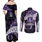 Personalized Fremantle Dockers Football Couples Matching Off Shoulder Maxi Dress and Long Sleeve Button Shirt Easter Egg Pattern Purple Monochrome Tribal Dot Style