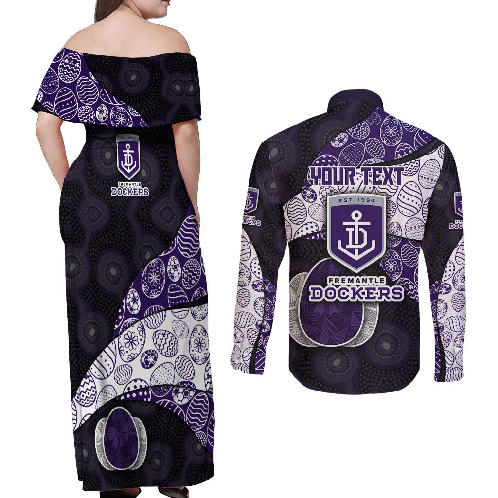 Personalized Fremantle Dockers Football Couples Matching Off Shoulder Maxi Dress and Long Sleeve Button Shirt Easter Egg Pattern Purple Monochrome Tribal Dot Style