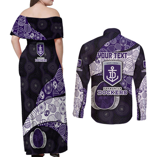 Personalized Fremantle Dockers Football Couples Matching Off Shoulder Maxi Dress and Long Sleeve Button Shirt Easter Egg Pattern Purple Monochrome Tribal Dot Style