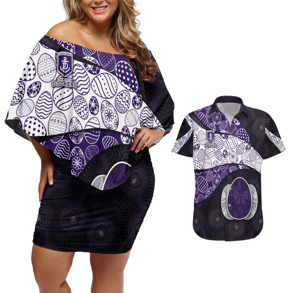 Personalized Fremantle Dockers Football Couples Matching Off Shoulder Short Dress and Hawaiian Shirt Easter Egg Pattern Purple Monochrome Tribal Dot Style