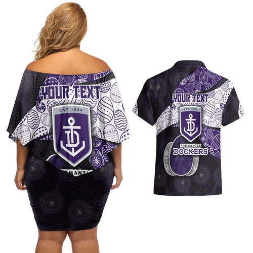 Personalized Fremantle Dockers Football Couples Matching Off Shoulder Short Dress and Hawaiian Shirt Easter Egg Pattern Purple Monochrome Tribal Dot Style