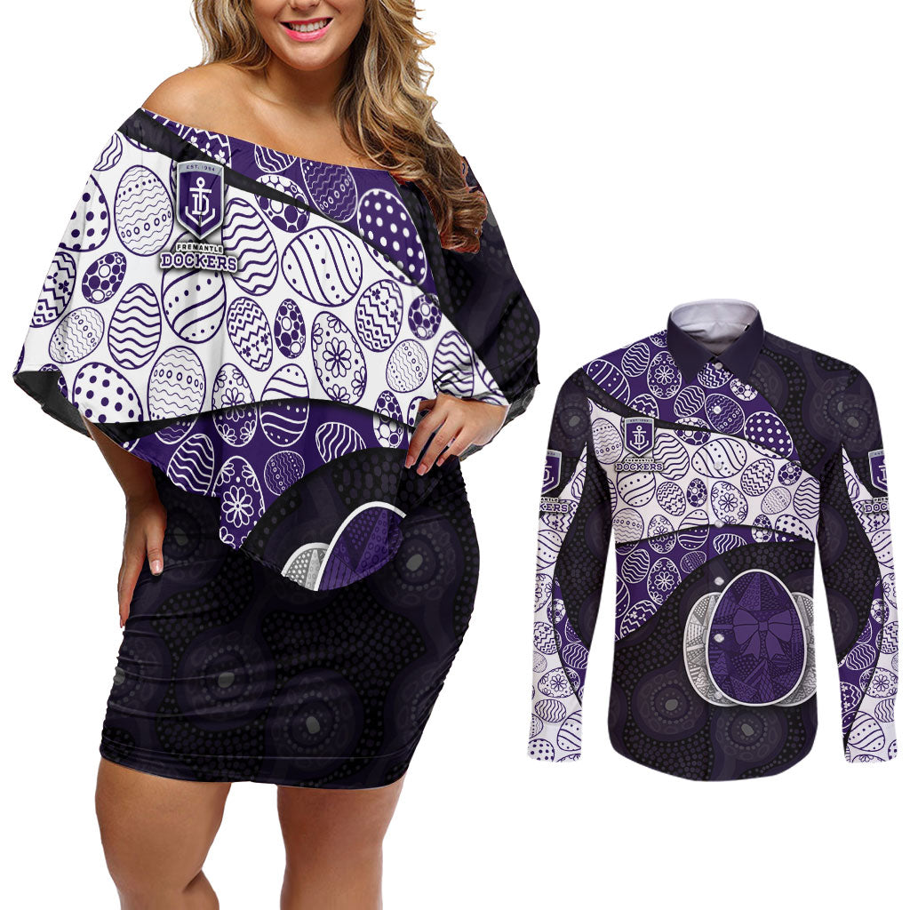 Personalized Fremantle Dockers Football Couples Matching Off Shoulder Short Dress and Long Sleeve Button Shirt Easter Egg Pattern Purple Monochrome Tribal Dot Style