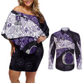 Personalized Fremantle Dockers Football Couples Matching Off Shoulder Short Dress and Long Sleeve Button Shirt Easter Egg Pattern Purple Monochrome Tribal Dot Style