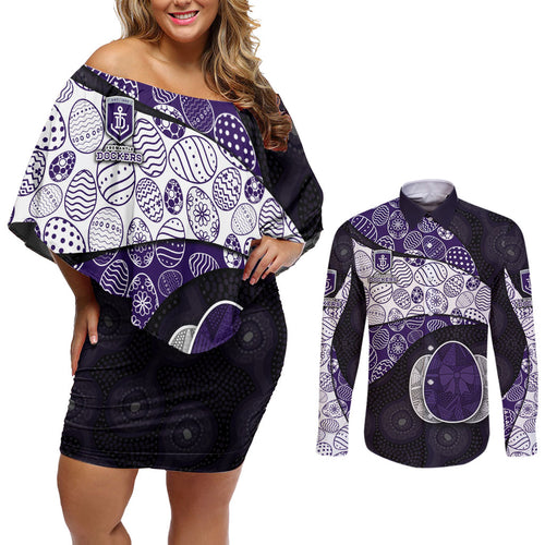 Personalized Fremantle Dockers Football Couples Matching Off Shoulder Short Dress and Long Sleeve Button Shirt Easter Egg Pattern Purple Monochrome Tribal Dot Style