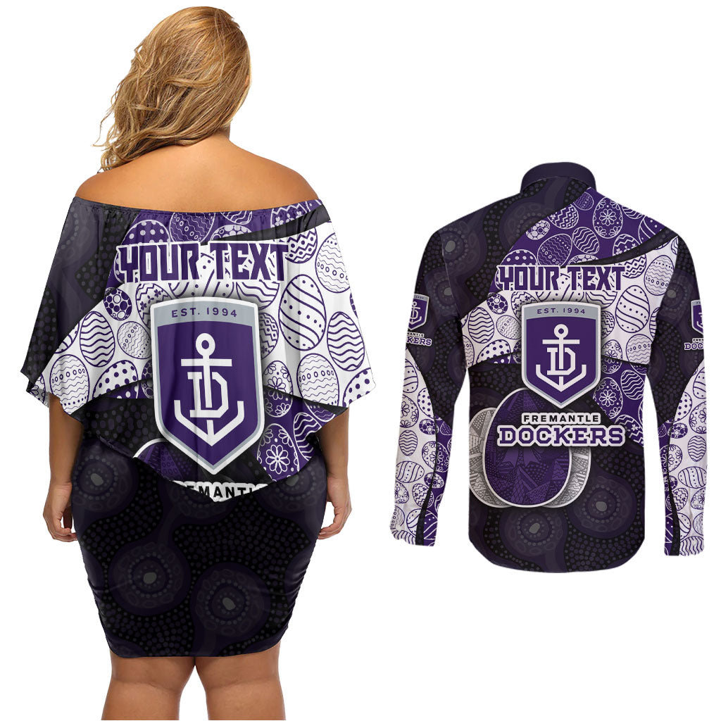 Personalized Fremantle Dockers Football Couples Matching Off Shoulder Short Dress and Long Sleeve Button Shirt Easter Egg Pattern Purple Monochrome Tribal Dot Style