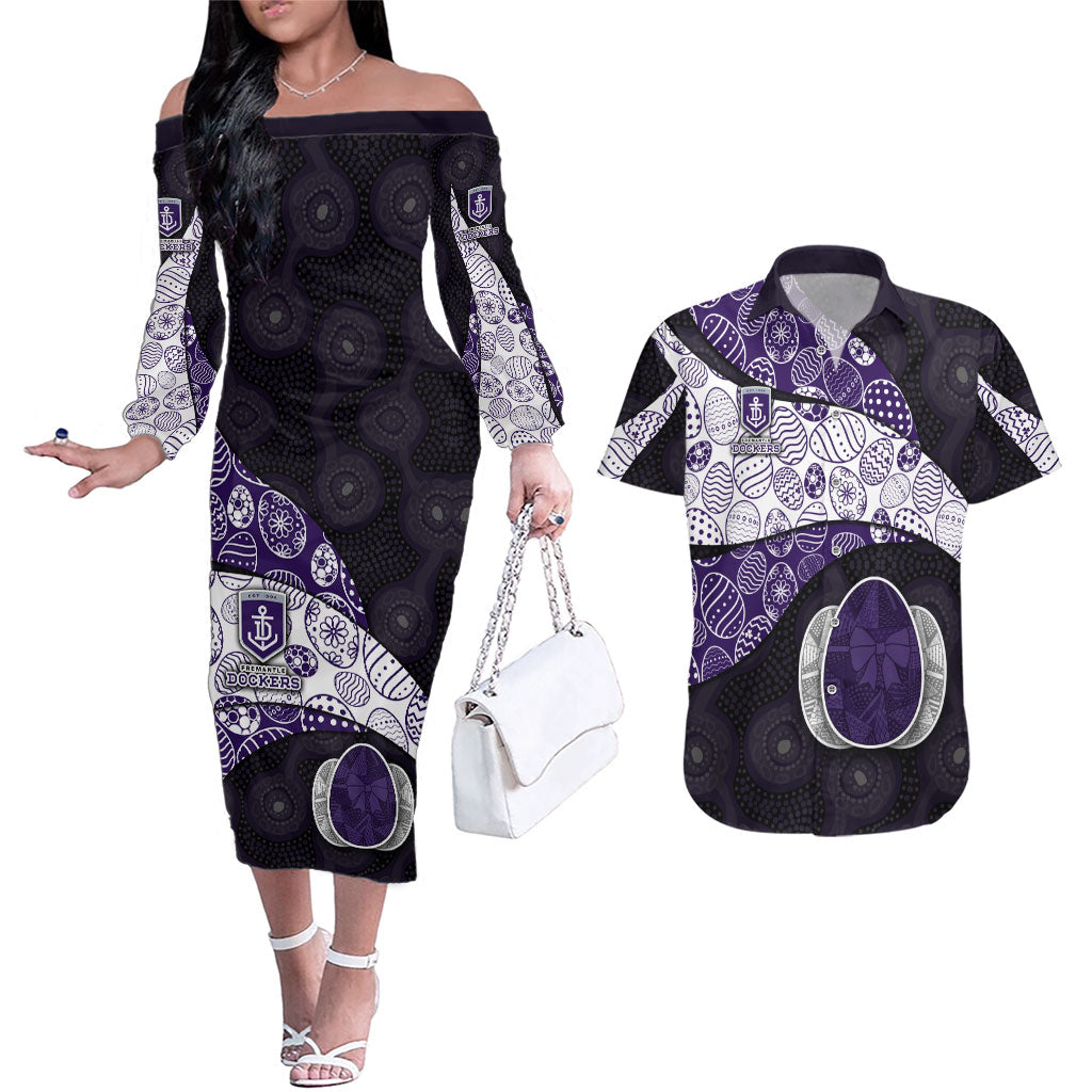 Personalized Fremantle Dockers Football Couples Matching Off The Shoulder Long Sleeve Dress and Hawaiian Shirt Easter Egg Pattern Purple Monochrome Tribal Dot Style