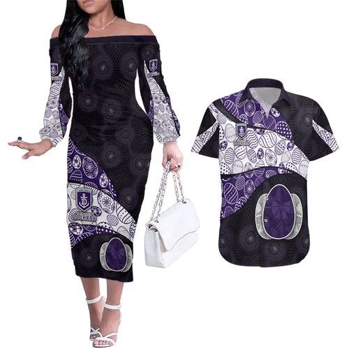 Personalized Fremantle Dockers Football Couples Matching Off The Shoulder Long Sleeve Dress and Hawaiian Shirt Easter Egg Pattern Purple Monochrome Tribal Dot Style