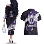 Personalized Fremantle Dockers Football Couples Matching Off The Shoulder Long Sleeve Dress and Hawaiian Shirt Easter Egg Pattern Purple Monochrome Tribal Dot Style