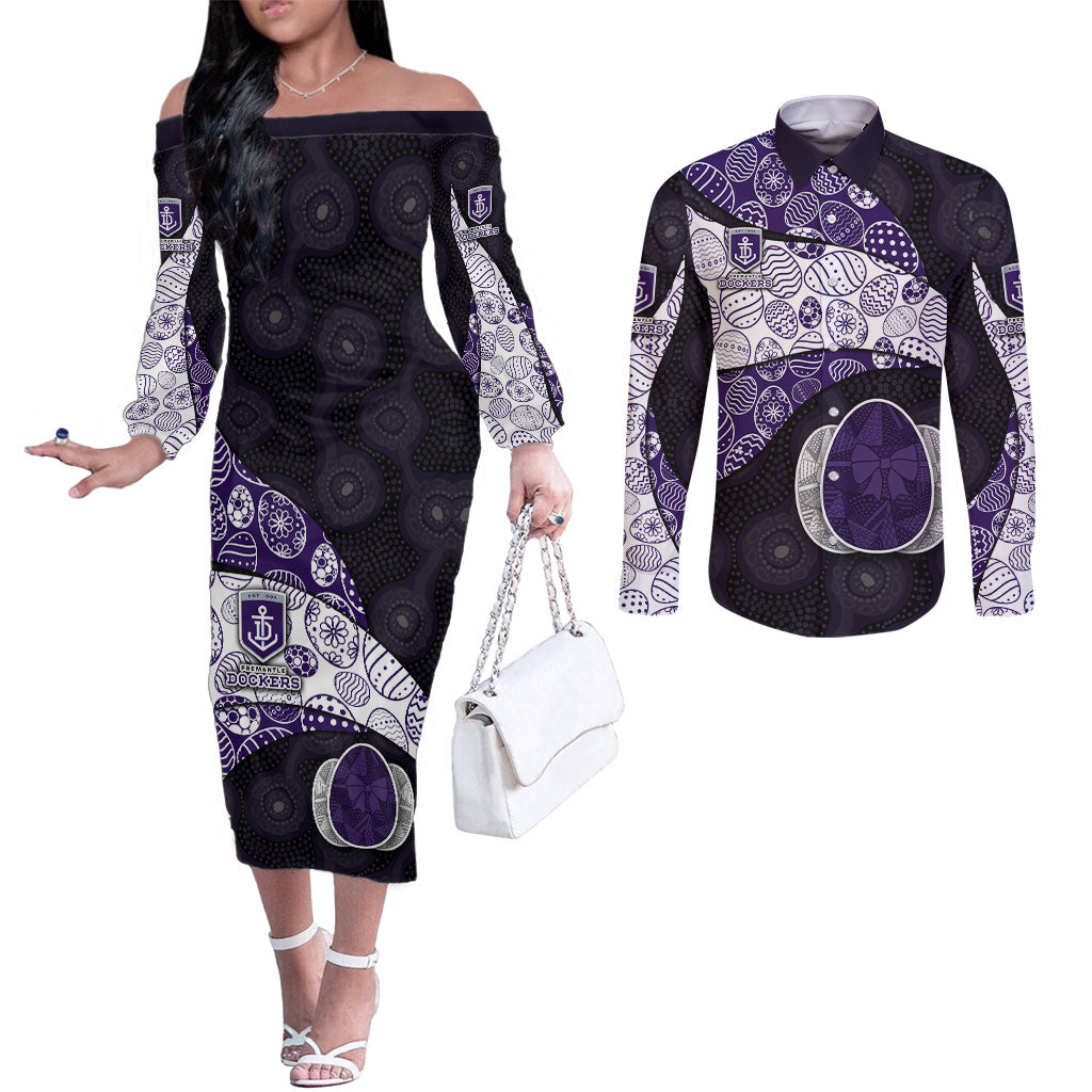 Personalized Fremantle Dockers Football Couples Matching Off The Shoulder Long Sleeve Dress and Long Sleeve Button Shirt Easter Egg Pattern Purple Monochrome Tribal Dot Style