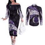 Personalized Fremantle Dockers Football Couples Matching Off The Shoulder Long Sleeve Dress and Long Sleeve Button Shirt Easter Egg Pattern Purple Monochrome Tribal Dot Style