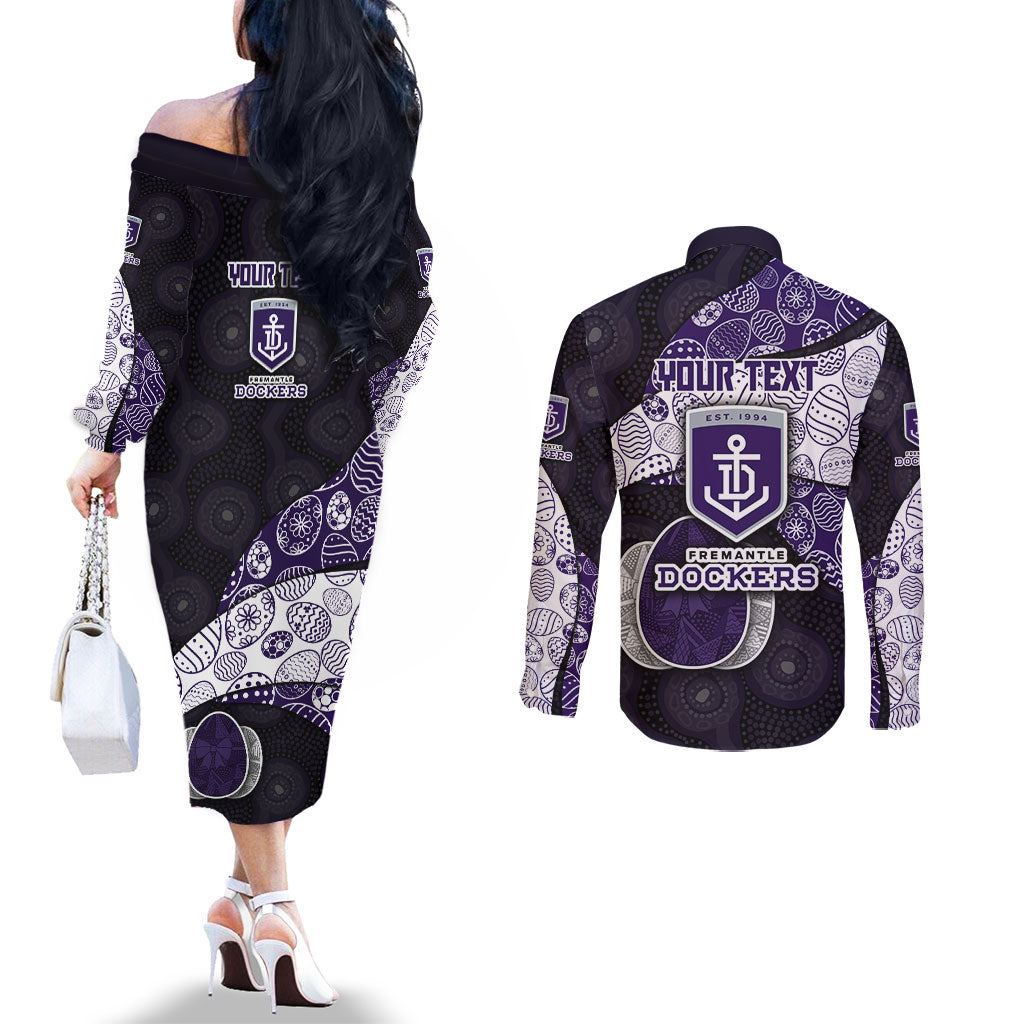Personalized Fremantle Dockers Football Couples Matching Off The Shoulder Long Sleeve Dress and Long Sleeve Button Shirt Easter Egg Pattern Purple Monochrome Tribal Dot Style