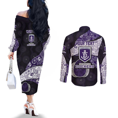 Personalized Fremantle Dockers Football Couples Matching Off The Shoulder Long Sleeve Dress and Long Sleeve Button Shirt Easter Egg Pattern Purple Monochrome Tribal Dot Style
