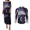 Personalized Fremantle Dockers Football Couples Matching Puletasi and Long Sleeve Button Shirt Easter Egg Pattern Purple Monochrome Tribal Dot Style