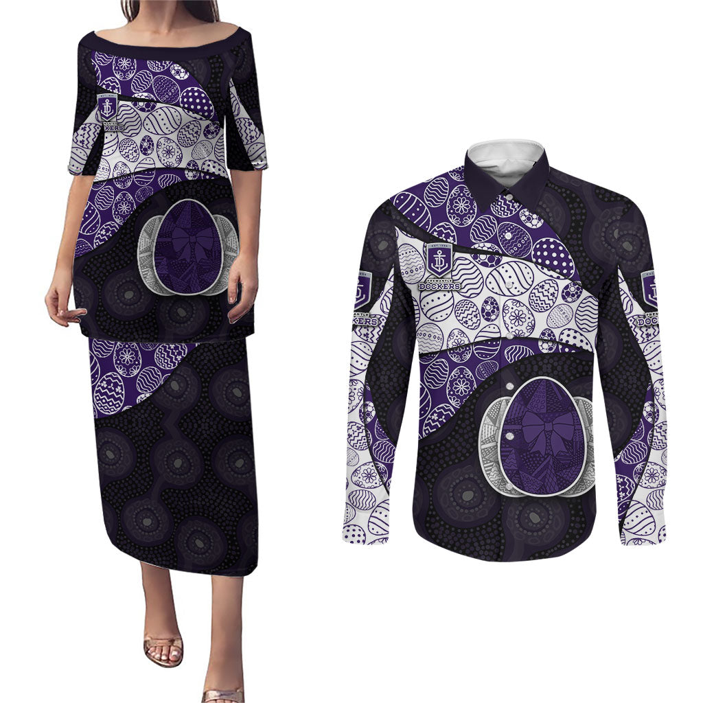 Personalized Fremantle Dockers Football Couples Matching Puletasi and Long Sleeve Button Shirt Easter Egg Pattern Purple Monochrome Tribal Dot Style