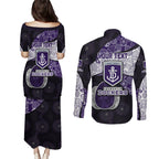 Personalized Fremantle Dockers Football Couples Matching Puletasi and Long Sleeve Button Shirt Easter Egg Pattern Purple Monochrome Tribal Dot Style