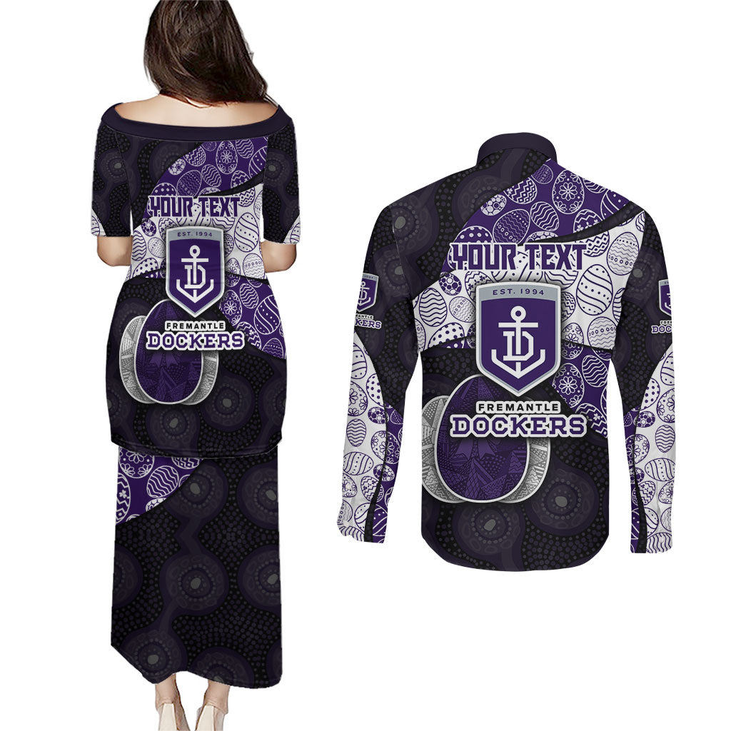Personalized Fremantle Dockers Football Couples Matching Puletasi and Long Sleeve Button Shirt Easter Egg Pattern Purple Monochrome Tribal Dot Style