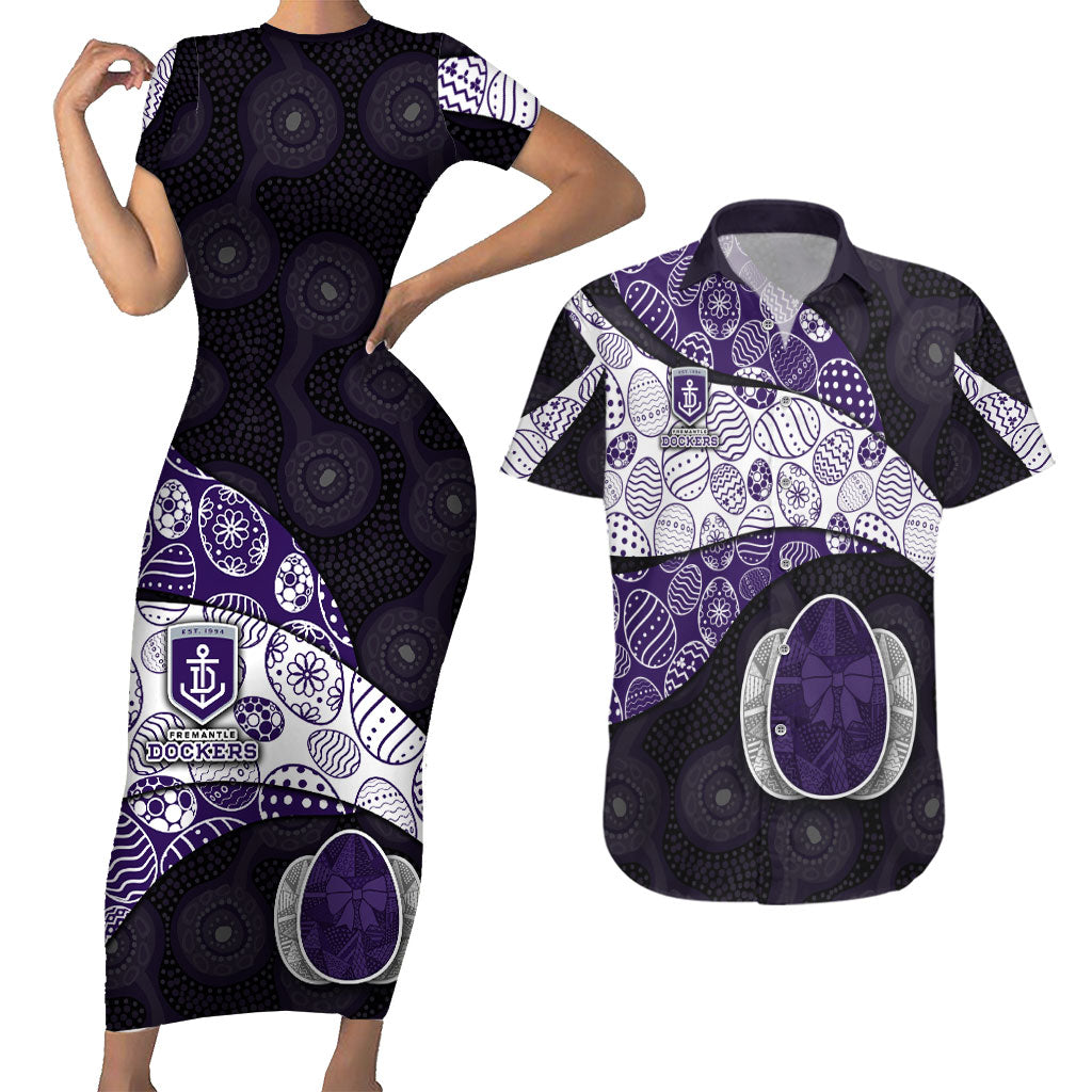Personalized Fremantle Dockers Football Couples Matching Short Sleeve Bodycon Dress and Hawaiian Shirt Easter Egg Pattern Purple Monochrome Tribal Dot Style