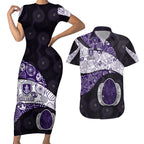 Personalized Fremantle Dockers Football Couples Matching Short Sleeve Bodycon Dress and Hawaiian Shirt Easter Egg Pattern Purple Monochrome Tribal Dot Style