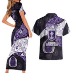 Personalized Fremantle Dockers Football Couples Matching Short Sleeve Bodycon Dress and Hawaiian Shirt Easter Egg Pattern Purple Monochrome Tribal Dot Style