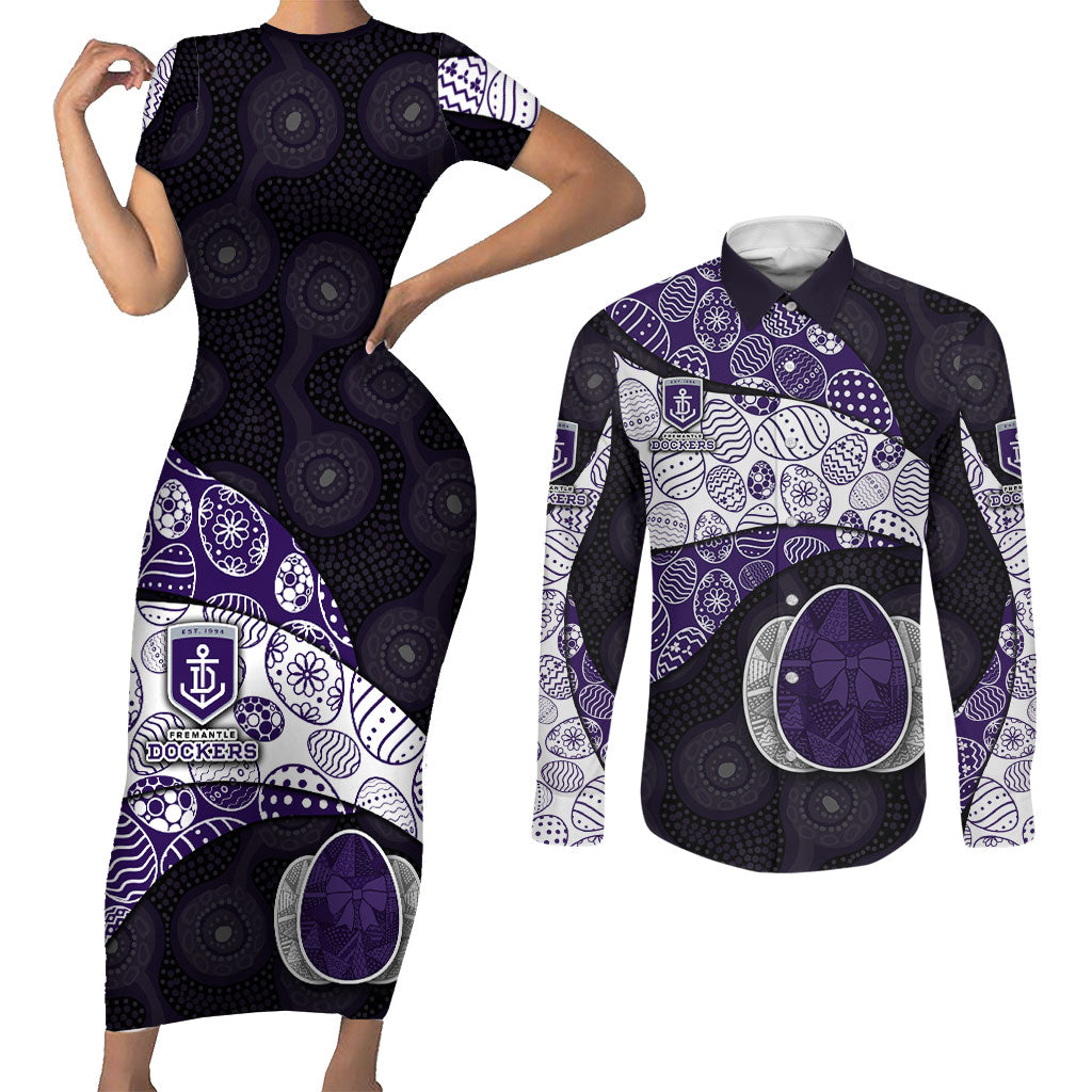 Personalized Fremantle Dockers Football Couples Matching Short Sleeve Bodycon Dress and Long Sleeve Button Shirt Easter Egg Pattern Purple Monochrome Tribal Dot Style