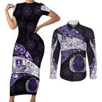 Personalized Fremantle Dockers Football Couples Matching Short Sleeve Bodycon Dress and Long Sleeve Button Shirt Easter Egg Pattern Purple Monochrome Tribal Dot Style
