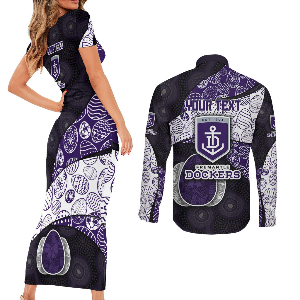 Personalized Fremantle Dockers Football Couples Matching Short Sleeve Bodycon Dress and Long Sleeve Button Shirt Easter Egg Pattern Purple Monochrome Tribal Dot Style