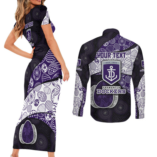 Personalized Fremantle Dockers Football Couples Matching Short Sleeve Bodycon Dress and Long Sleeve Button Shirt Easter Egg Pattern Purple Monochrome Tribal Dot Style