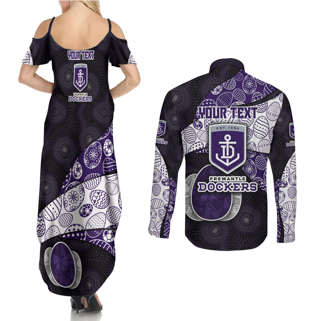 Personalized Fremantle Dockers Football Couples Matching Summer Maxi Dress and Long Sleeve Button Shirt Easter Egg Pattern Purple Monochrome Tribal Dot Style