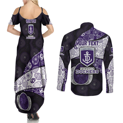 Personalized Fremantle Dockers Football Couples Matching Summer Maxi Dress and Long Sleeve Button Shirt Easter Egg Pattern Purple Monochrome Tribal Dot Style