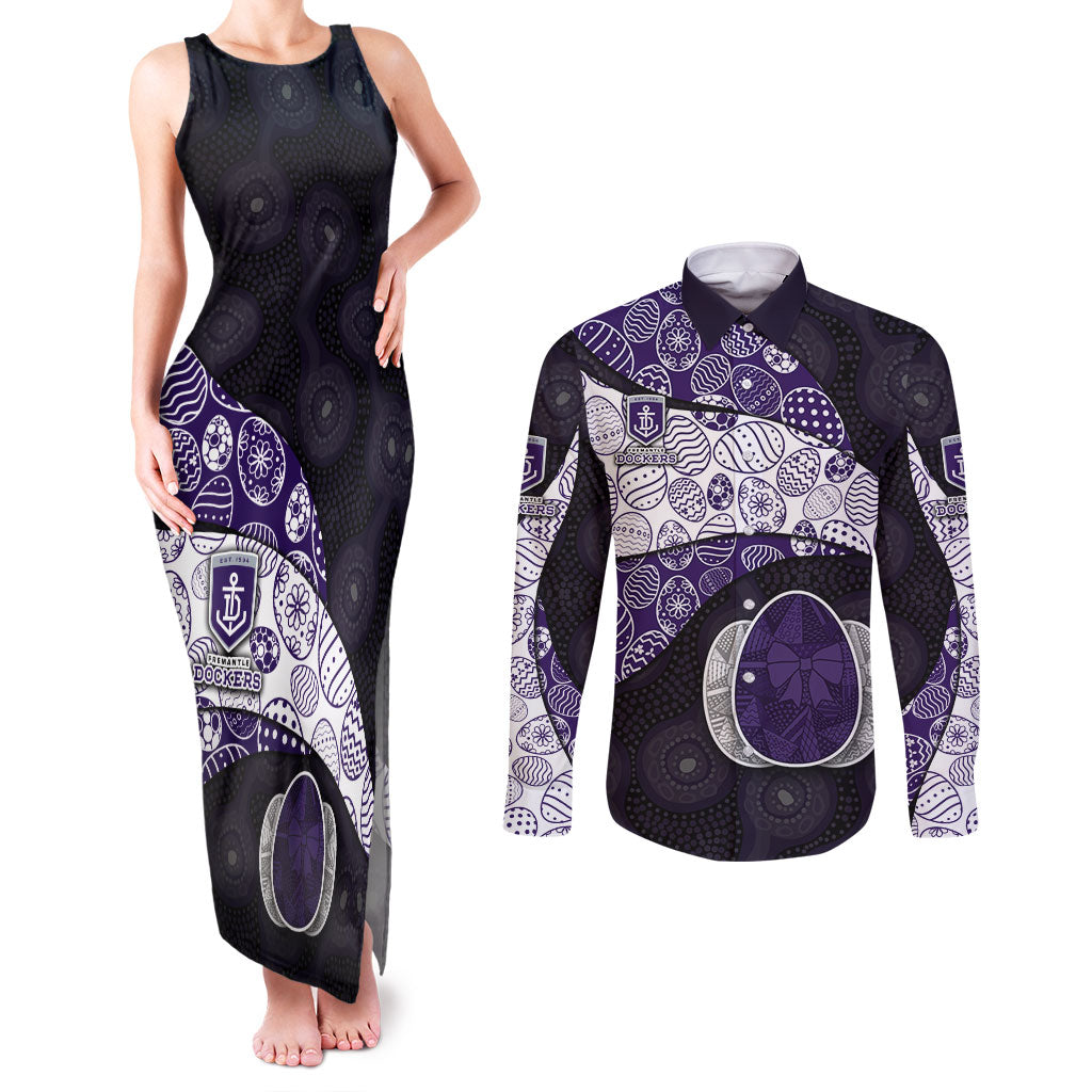 Personalized Fremantle Dockers Football Couples Matching Tank Maxi Dress and Long Sleeve Button Shirt Easter Egg Pattern Purple Monochrome Tribal Dot Style
