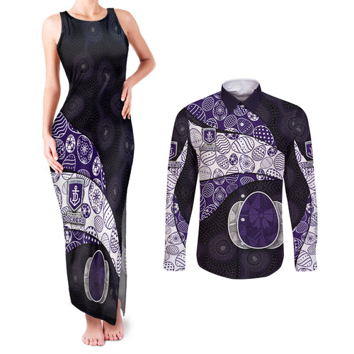Personalized Fremantle Dockers Football Couples Matching Tank Maxi Dress and Long Sleeve Button Shirt Easter Egg Pattern Purple Monochrome Tribal Dot Style