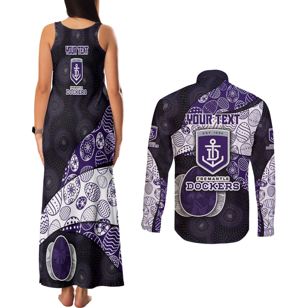 Personalized Fremantle Dockers Football Couples Matching Tank Maxi Dress and Long Sleeve Button Shirt Easter Egg Pattern Purple Monochrome Tribal Dot Style