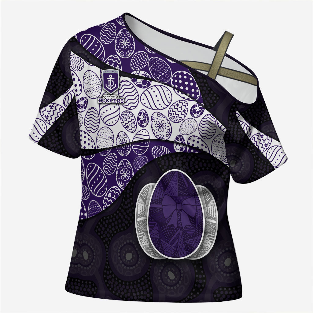 Personalized Fremantle Dockers Football Cross Shoulder Shirt Easter Egg Pattern Purple Monochrome Tribal Dot Style