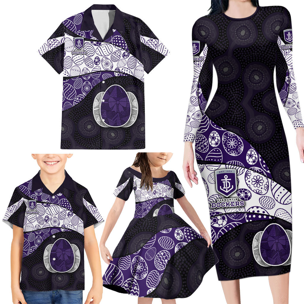 Personalized Fremantle Dockers Football Family Matching Long Sleeve Bodycon Dress and Hawaiian Shirt Easter Egg Pattern Purple Monochrome Tribal Dot Style