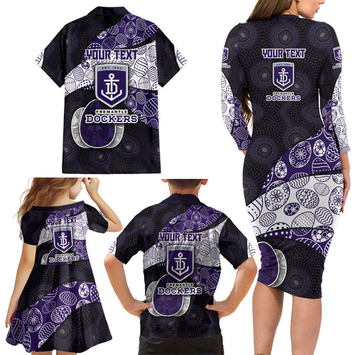 Personalized Fremantle Dockers Football Family Matching Long Sleeve Bodycon Dress and Hawaiian Shirt Easter Egg Pattern Purple Monochrome Tribal Dot Style