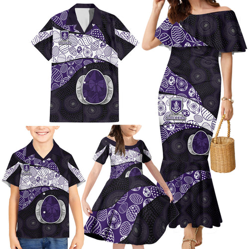 Personalized Fremantle Dockers Football Family Matching Mermaid Dress and Hawaiian Shirt Easter Egg Pattern Purple Monochrome Tribal Dot Style