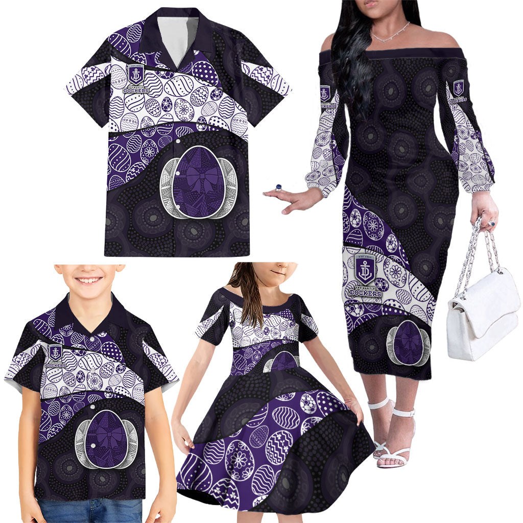 Personalized Fremantle Dockers Football Family Matching Off The Shoulder Long Sleeve Dress and Hawaiian Shirt Easter Egg Pattern Purple Monochrome Tribal Dot Style