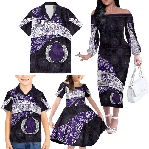Personalized Fremantle Dockers Football Family Matching Off The Shoulder Long Sleeve Dress and Hawaiian Shirt Easter Egg Pattern Purple Monochrome Tribal Dot Style