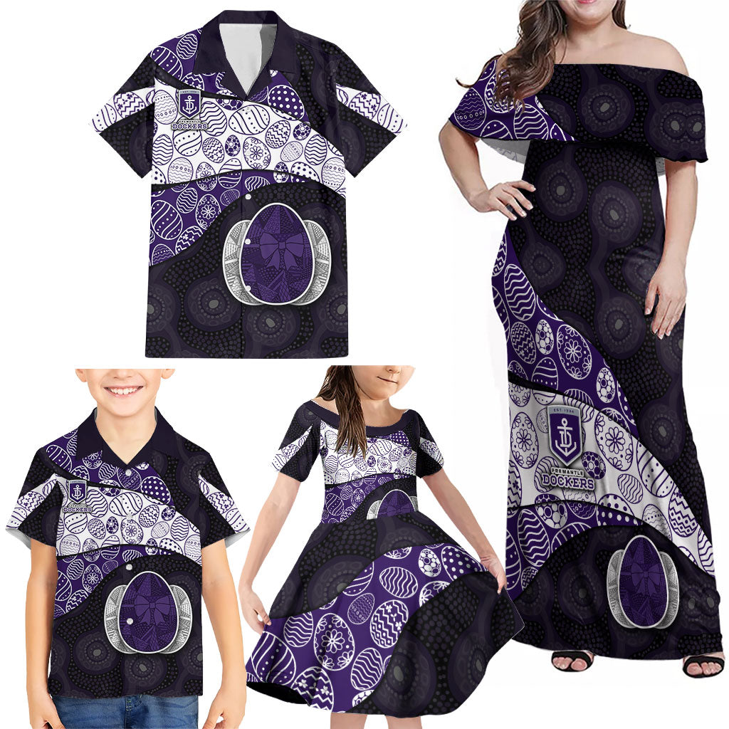 Personalized Fremantle Dockers Football Family Matching Off Shoulder Maxi Dress and Hawaiian Shirt Easter Egg Pattern Purple Monochrome Tribal Dot Style
