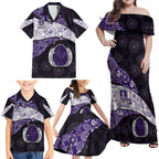 Personalized Fremantle Dockers Football Family Matching Off Shoulder Maxi Dress and Hawaiian Shirt Easter Egg Pattern Purple Monochrome Tribal Dot Style